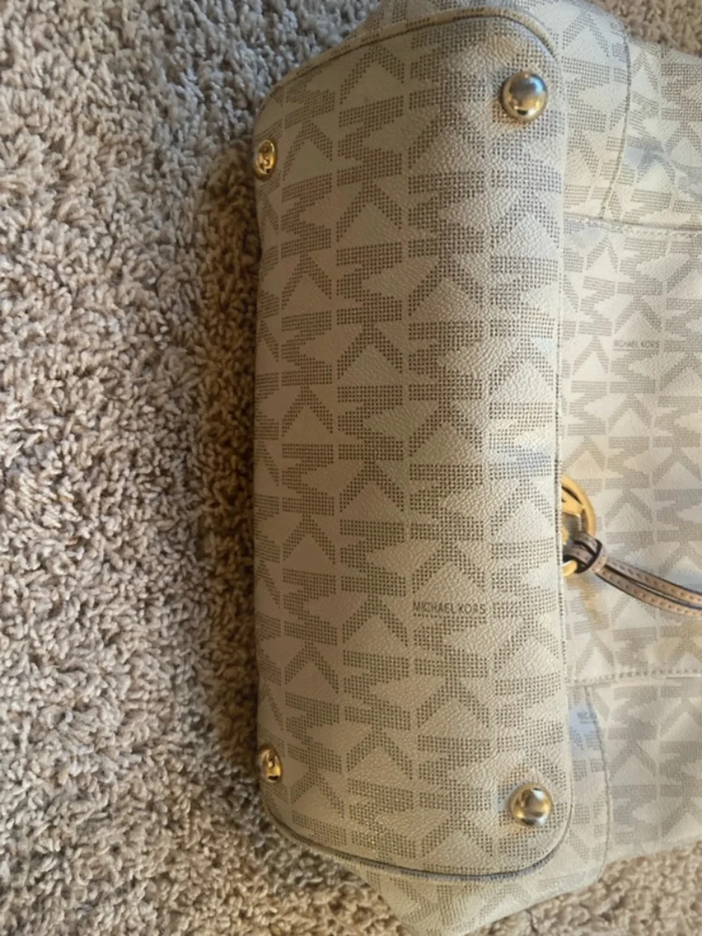 MICHAEL Michael Kors Cream MK Logo Tote with Tan Leather Straps